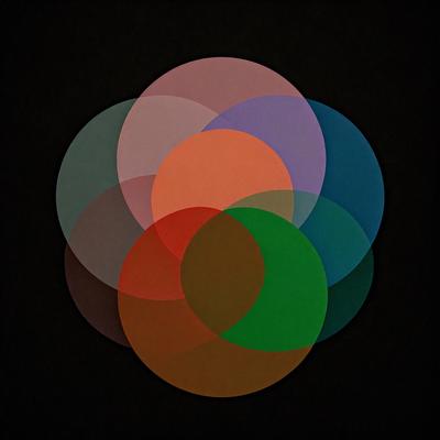The primary subject of the image is a colorful circle, which is the main object, scene, or focus of the image. The circle is surrounded by four other circles, creating a visually appealing and artistic composition. The setting or background of the image is a dark background, which contrasts with the vibrant colors of the circles. The visual style of the image is a combination of digital art and illustration, as the circles are created using a digital medium. The colors and mood of the image are predominantly warm